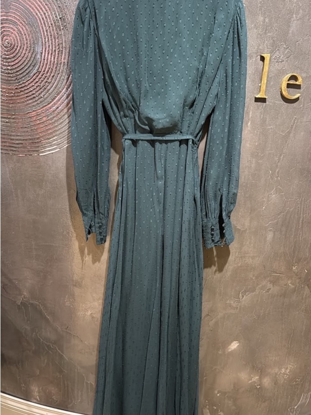 Elegant Dark Green Wrap Maxi Dress with Sheer Bishop Sleeves - Picture 9 of 9